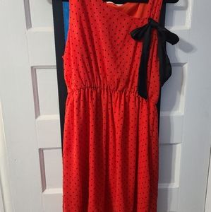 Everly Red polka dot chiffon dress with black shoulder bow size large